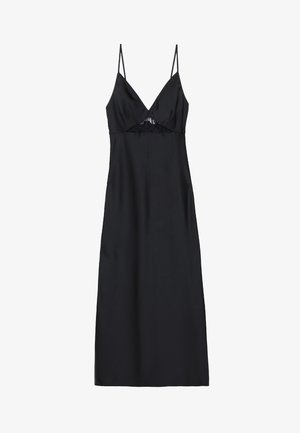 Rochie din satin negru cu bretele subțiri, de tip spaghetti, decolteu în V și detaliu din dantelă la bust. Textură fină, lungime până la genunchi, siluetă ajustată.