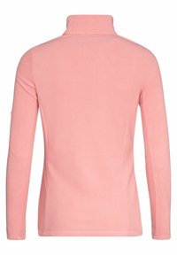Veste polaire rose clair à manches longues et col montant, vue de dos sur fond blanc.