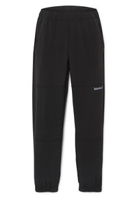 Black athletic pants made of lightweight material, featuring an elastic waistband, tapered fit, and Timberland logo on the side.