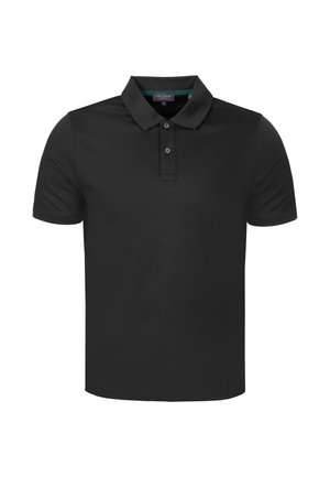 Polo nera a maniche corte con patta a due bottoni e colletto classico, design semplice, mostrata su sfondo bianco.