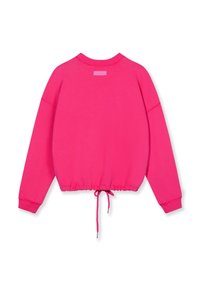 Sudadera rosa con cuello redondo, mangas largas y dobladillo con cordón. Fabricada en una tela suave con puños acanalados y un logotipo simple en la parte posterior.