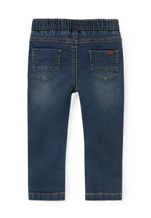 Pantaloni in denim blu scuro con vita elasticizzata, caratterizzati da due tasche posteriori con dettagli di cucitura triangolari. Texture liscia con leggere sfumature.
