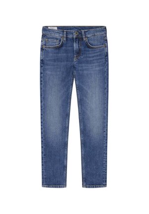 Vaqueros de denim azul con un diseño de pierna recta, estilo de cinco bolsillos, cierre de botón y costuras en contraste. Textura suave con zonas desgastadas.