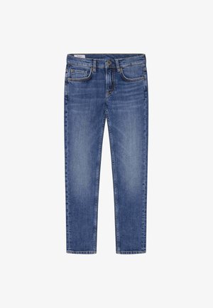 Vaqueros de denim azul con un diseño de pierna recta, estilo de cinco bolsillos, cierre de botón y costuras en contraste. Textura suave con zonas desgastadas.