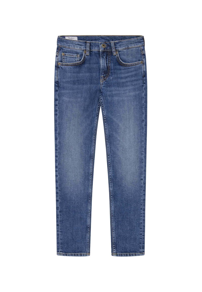 Vaqueros de denim azul con un diseño de pierna recta, estilo de cinco bolsillos, cierre de botón y costuras en contraste. Textura suave con zonas desgastadas.