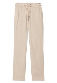 Pantalons beige légers avec une taille élastique et un cordon de serrage, présentant une coupe droite et une texture subtile.