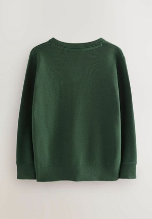 Groene trui met een gestructureerd breimotief, ronde hals en verlengde zoom. Eenvoudige en minimalistische stijl, zonder zichtbare hardware of patronen.