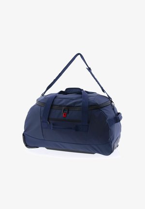 Marineblauwe sporttas gemaakt van duurzaam materiaal, met dubbele handgrepen, een verstelbare schouderband en een ritsvak met een kleine rode acccent.