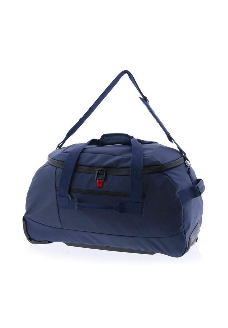 Bolsa de viaje azul marino hecha de tela resistente, con dobles asas, una correa de hombro ajustable y un compartimento con cremallera con un pequeño acento rojo.