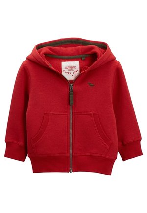 Rode hoodie voor peuters met rits, voorkantzakken, een kangoeroelogo op de borst en een capuchon gevoerd met donkergroen stof.