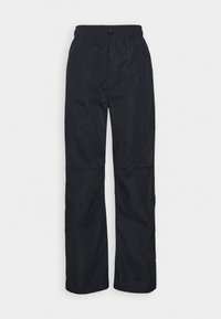 Pantalon imperméable noir avec une taille élastique, coupe décontractée, sans poches visibles. Texture lisse, design à jambes droites.