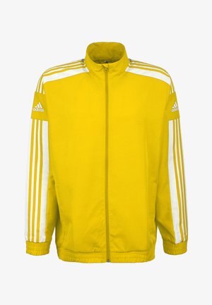 Yellow athletic jacket made of lightweight fabric, featuring white stripes along the shoulders and sleeves, zip front, and elastic cuffs.