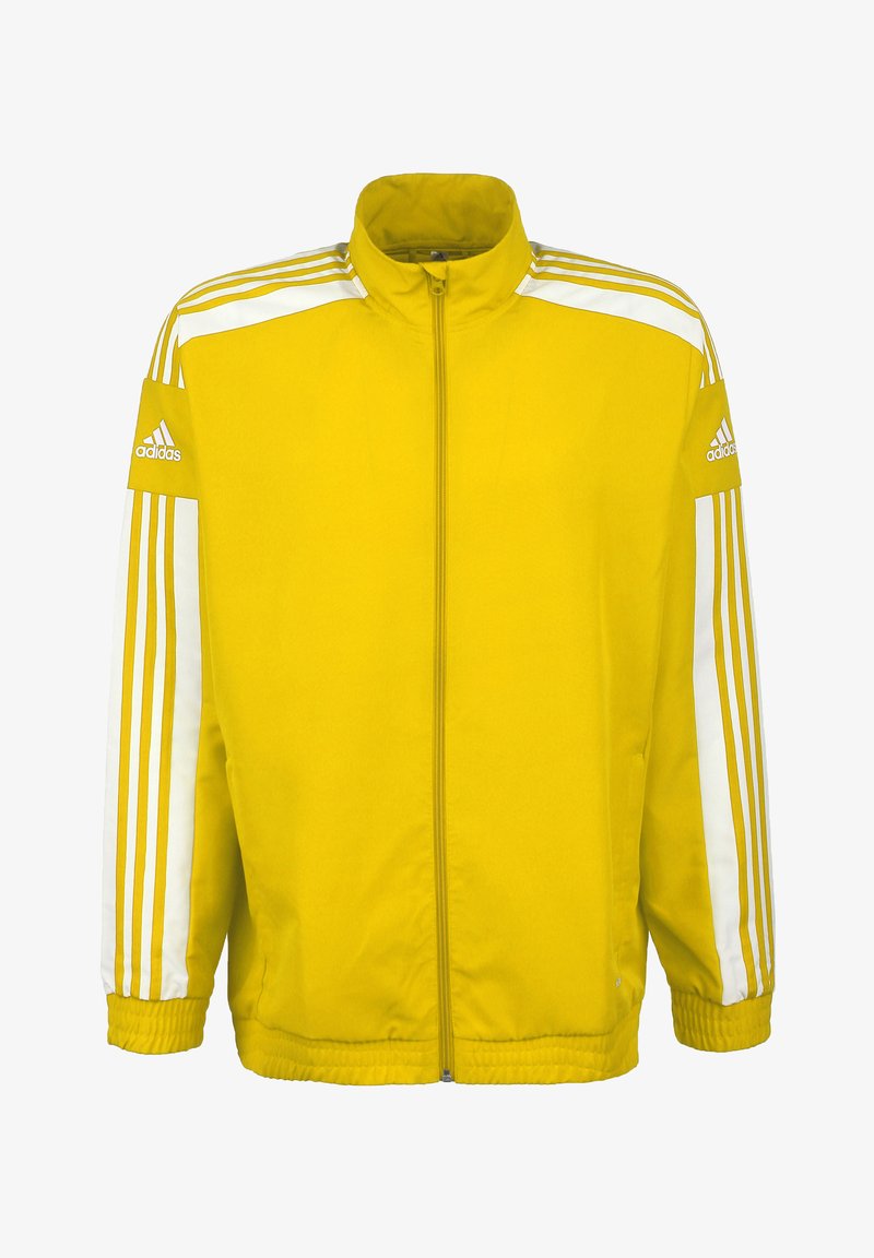 Yellow athletic jacket made of lightweight fabric, featuring white stripes along the shoulders and sleeves, zip front, and elastic cuffs.