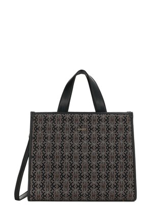 Sac à main noir à motifs avec un tissu texturé présentant des designs complexes en gris et marron, complété par des anses en cuir noir et des finitions.