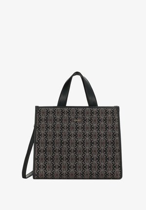 Musthave mustriga käekott tekstuuriga kangast, millel on keerukad halli ja pruuni motiivid, täiendab must nahk käepide ja äär.