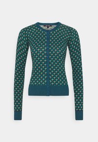 Turkusowy kardigan z wzorzystym deseniem w geometryczne kształty, ściągaczami u dołu i przy mankietach oraz zapięciem na guziki z przodu. Wykonany z teksturowanej tkaniny.