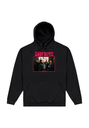 Czarna bluza z kapturem i kieszenią z przodu, na której znajduje się zdjęcie grupowe oraz czerwony tekst "The Sopranos" nad obrazem.