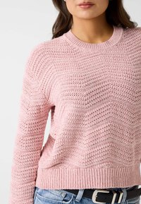 Pull rose tricoté avec un motif en zigzag texturé, encolure ronde et ourlet côtelé ; associé à un jean en denim et une ceinture noire.