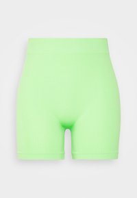 Calções elásticos de riscas verde claro com uma cintura alta, apresentando uma textura suave e um design ajustado que termina acima da coxa.