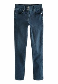 Jeans de denim azul oscuro con un diseño de pierna recta, cinco bolsillos, cierre de dos botones y detalles de costura sutiles a lo largo de las costuras.
