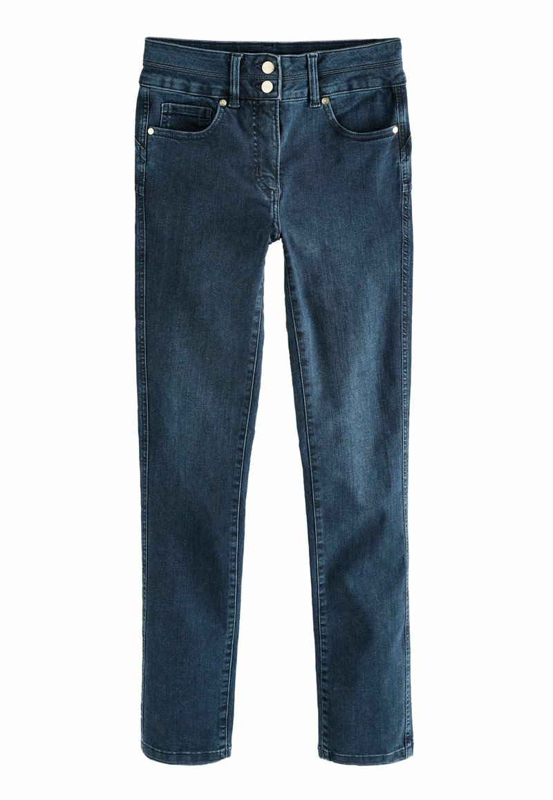 Jeans de denim azul oscuro con un diseño de pierna recta, cinco bolsillos, cierre de dos botones y detalles de costura sutiles a lo largo de las costuras.