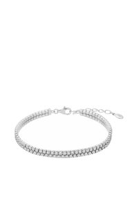 Pulsera de plata con dos filas de cristales redondos claros y un cierre de langosta con cadena ajustable.