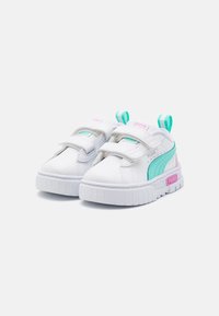 White sneakers with a textured finish, turquoise and pink accents, two Velcro straps, and a chunky white sole.