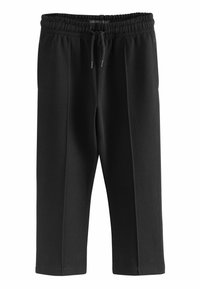 Schwarze Sweatpants aus weichem Stoff, mit einem elastischen Bund und Kordelzug, geraden Beinen und Seitennähten für Details.