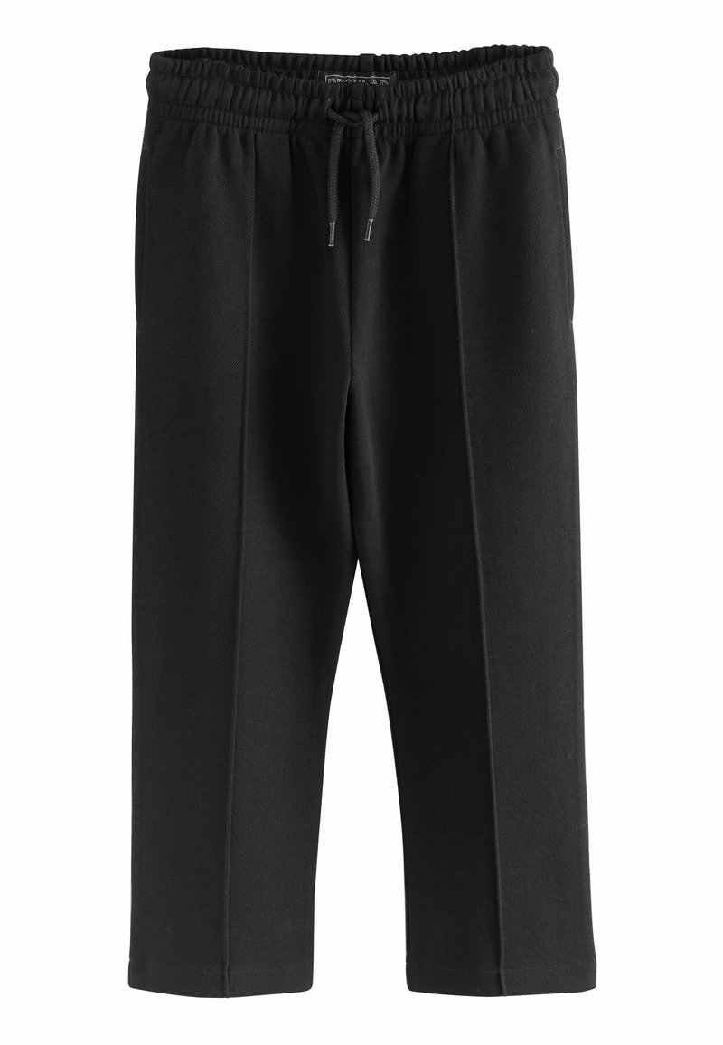 Schwarze Sweatpants aus weichem Stoff, mit einem elastischen Bund und Kordelzug, geraden Beinen und Seitennähten für Details.