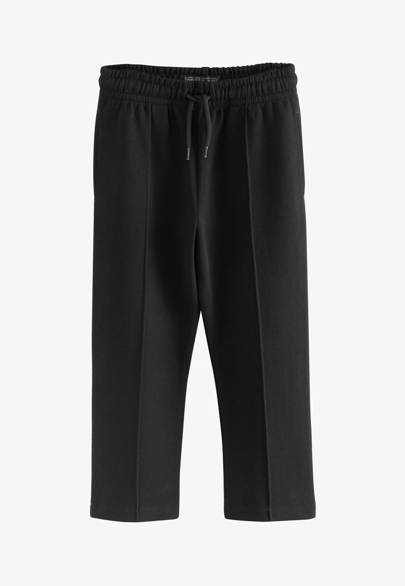 Pantalon noir décontracté avec taille élastique, cordon, poches latérales et détails de coutures le long des jambes avant.