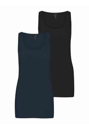 Två ärmlösa linnen i marinblått och svart. Tillverkade av mjukt, stretchigt tyg, med en rundad halsringning och en figurnära design.