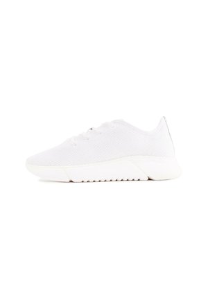 White mesh sneakers with a rounded toe, flat lace-up design, textured upper, and a thick white rubber sole featuring subtle grooves.