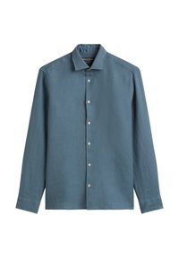 Gråblå långärmad skjorta i en lätt linneblandning, med button-down krage, hel knäppning och texturerad tyg.