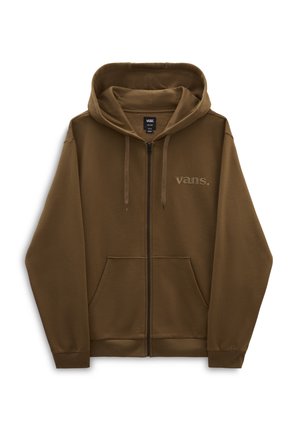 Sweat à capuche marron avec fermeture éclair intégrale, poches avant, cordons et logo "vans." brodé sur la poitrine gauche.