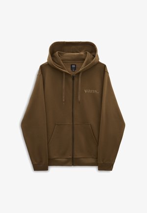 Sweat à capuche marron avec fermeture éclair intégrale, poches avant, cordons et logo "vans." brodé sur la poitrine gauche.