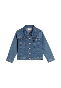 Blauwe denimjas voor kinderen met lange mouwen, knoopsluiting aan de voorkant en twee borstzakken met knoopkleppen.