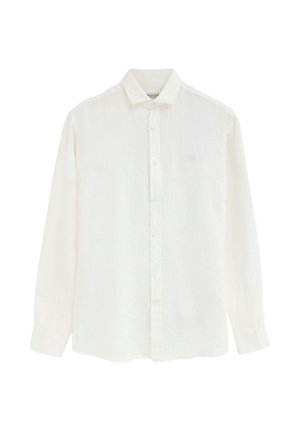 Chemise blanche à manches longues avec col, logo discret sur la poitrine et poignets à un seul bouton.