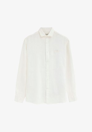 Biała koszula z długim rękawem, kołnierzykiem, subtelnym logo na piersi i mankietami na jeden guzik.
