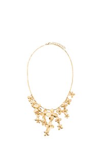 Złota naszyjnik z kwiatowym motywem, z wieloma zawieszkami w kształcie kwiatów wiszącymi na cienkim łańcuszku z koralikami oraz regulowanym zapięciem.