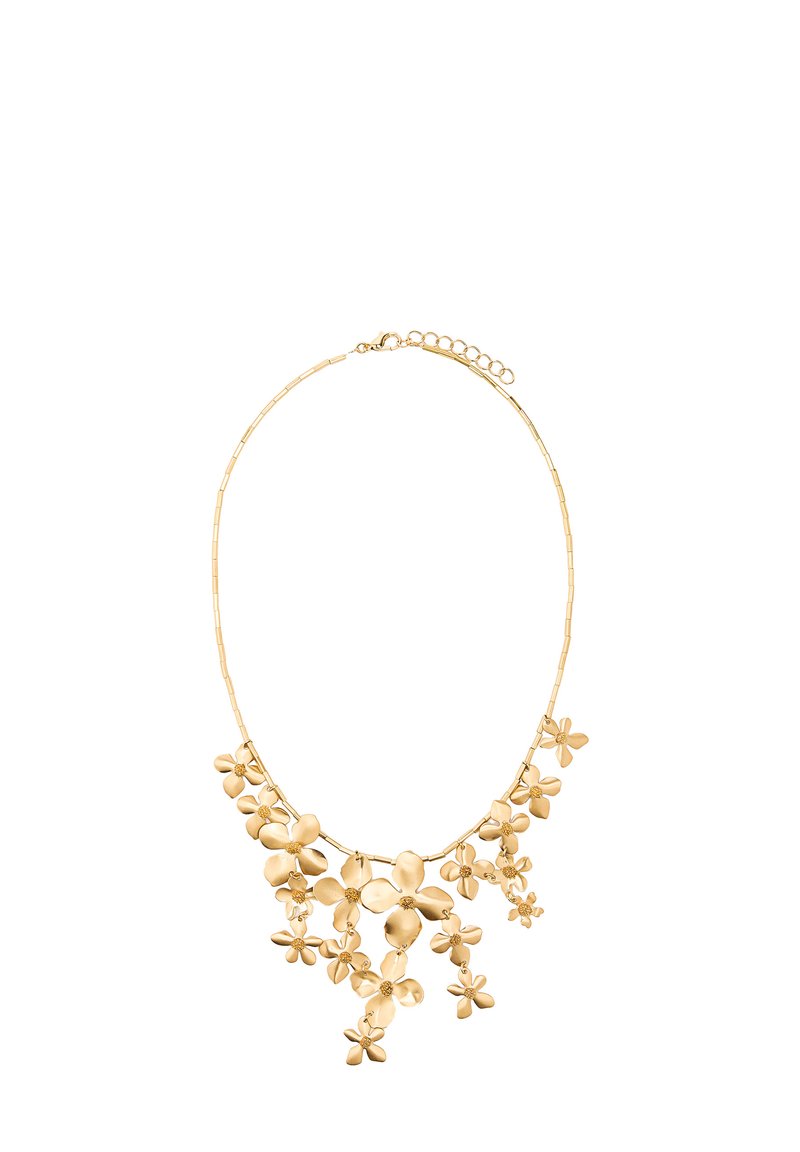 Złota naszyjnik z kwiatowym motywem, z wieloma zawieszkami w kształcie kwiatów wiszącymi na cienkim łańcuszku z koralikami oraz regulowanym zapięciem.
