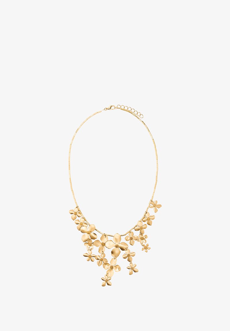 Złota naszyjnik z kwiatowym motywem, z wieloma zawieszkami w kształcie kwiatów wiszącymi na cienkim łańcuszku z koralikami oraz regulowanym zapięciem.