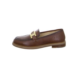 Brown leather men's loafer with a gold metal buckle and a low stacked heel on a white background.