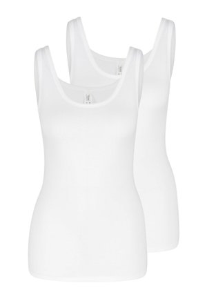 Two white tank tops made of smooth, stretchy fabric. Features wide straps and a scoop neckline, with a fitted silhouette.