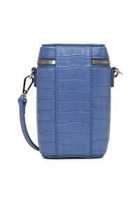 Borsa blu con motivo coccodrillo, dalla forma strutturata, con due scomparti con zip, dettagli in hardware dorato e tracolla removibile.