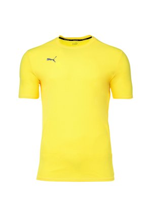 Helles gelbes kurzärmeliges Sporthemd mit Rundhalsausschnitt und kleinem schwarzem Puma-Logo auf der rechten Brust.