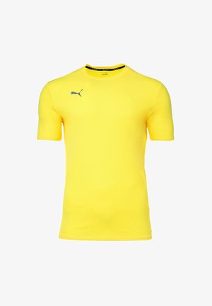 Helles gelbes kurzärmeliges Sporthemd mit Rundhalsausschnitt und kleinem schwarzem Puma-Logo auf der rechten Brust.