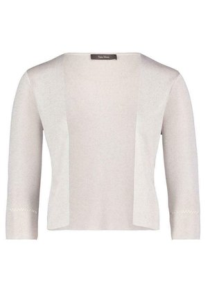Beige leichter Cardigan mit Dreiviertelärmeln, offener Vorderseite und subtilen Texturdetails an den Bündchen. Einfaches Design ohne Verschlüsse.