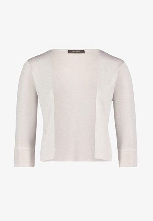 Beige lichtgewicht cardigan met driekwartmouwen, open voorkant en subtiele textuurdetails op de mouwen. Eenvoudig ontwerp zonder sluitingen.