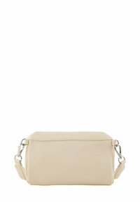 Borsa in sintetico beige con forma rettangolare, superficie testurizzata e hardware metallico. Include una tracolla regolabile.