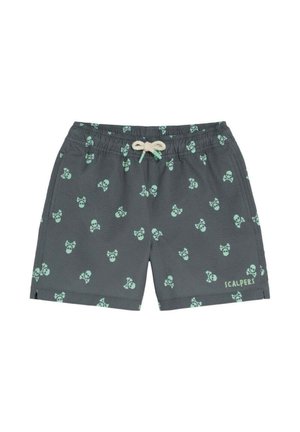 Bañador corto gris oscuro para hombre con estampado de calaveras y huesos cruzados en verde menta, cintura con cordón y "Scalpers" impreso cerca del dobladillo.